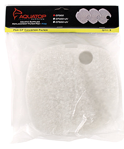 Packaged Aquatop replacement filter pad for CF300 canister filter, three white pads in plastic bag