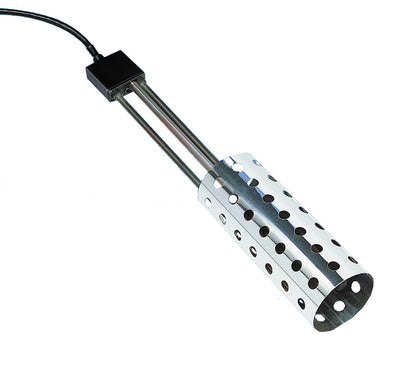 Close-up of a metallic bucket heater with perforated cylinder, black control box, and power cord.