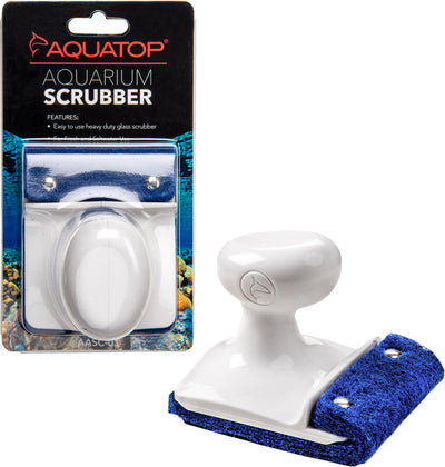 A packaged Aquatop aquarium scrubber with a white handle and blue sponge, shown alongside the product outside its packaging.