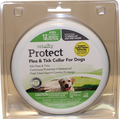 Packaged vetality Protect Flea & Tick Collar for dogs, 12-month protection, two collars in clear plastic packaging.