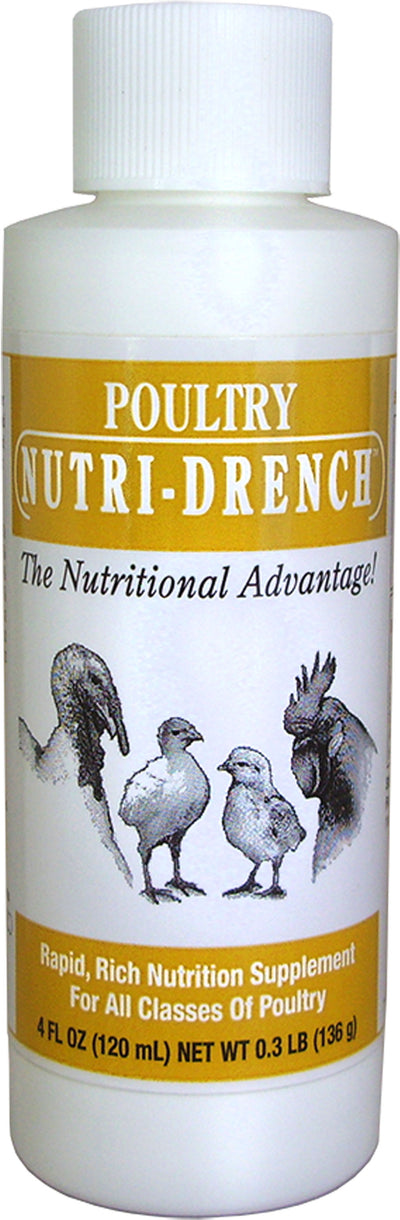 White bottle with yellow label showing 'Poultry Nutri-Drench' and poultry illustrations, front view of packaged product