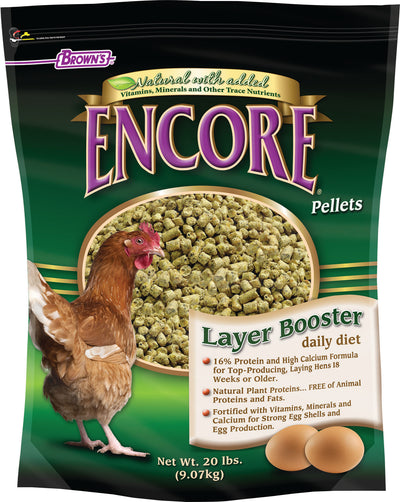 Front view of a packaged product showing a brown chicken, green pellets, and two eggs on a green and black bag.