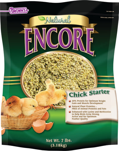 Front view of a packaged product showing Brown's Natural Encore Chick Starter with a basket of chicks and cracked eggs.