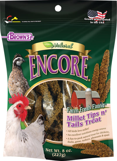Front view of a packaged product showing Brown's Encore Natural Millet Tips N Tails Treat, 8 oz.