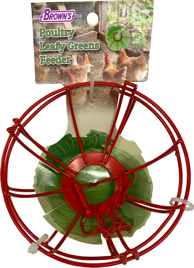 Brown's Poultry Leafy Greens Feeder packaged product with red metal frame and green leaf-shaped base