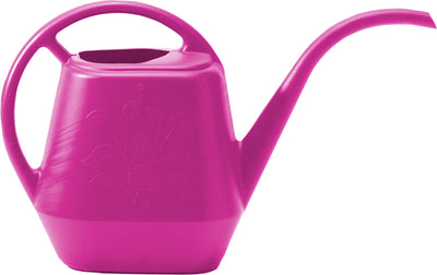 A fuchsia Bloem watering can with a floral embossment, shown front view.
