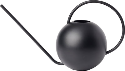 Black Bloem Fresca watering can with rounded body, curved handle, and long spout, front view close-up