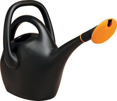 Black Bloem Ez Pour watering can with orange spray head, side view close-up