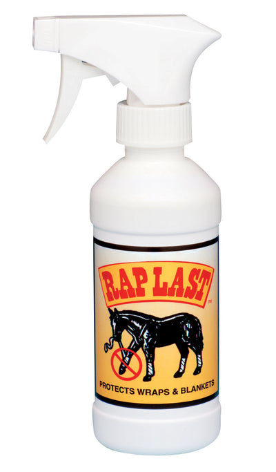 White spray bottle with yellow label showing 'RAPLAST' and a black horse image, front view of packaged product