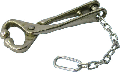Close-up of a metallic Bull Lead W/Chain with a curved handle and attached chain.