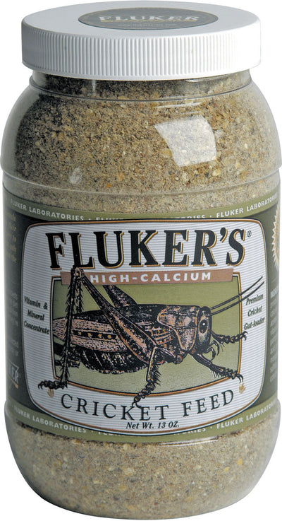 Front view of a packaged product: Fluker's High-Calcium Cricket Feed in a clear jar with a white lid.