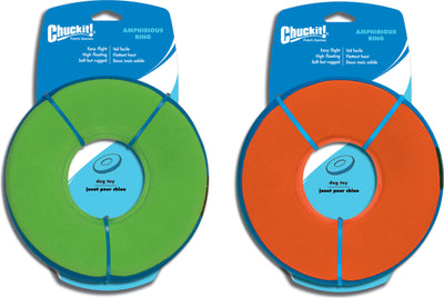 Packaged Chuckit! Amphibious Ring dog toy in green and orange colors