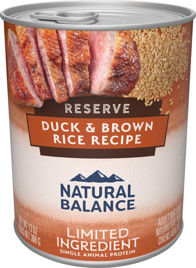Front view of a Natural Balance canned dog food package with duck and brown rice recipe, 13 oz size.