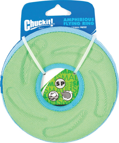 Packaged Chuckit! Amphibious Flying Ring in small size, green and blue color, front view.
