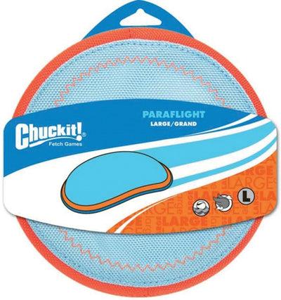 Packaged Chuckit! Paraflight fetch toy in blue and orange, large size, front view.