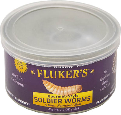 A purple can of Fluker's Gourmet-Style Soldier Worms with a yellow label, showing a worm image and '1.2 OZ (35g)'