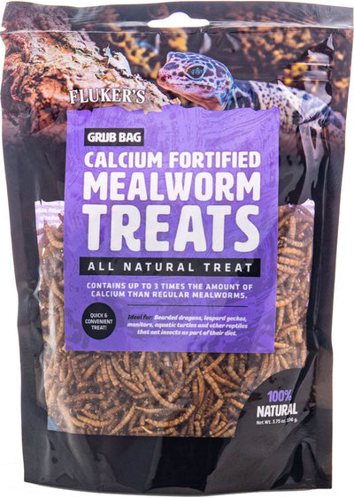 Front view of a packaged product: Fluker's Grub Bag Calcium Fortified Mealworm Treats in a purple label bag.