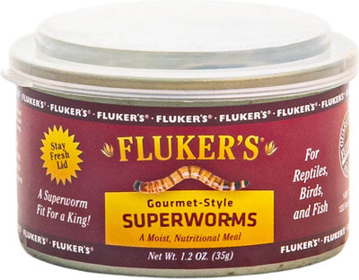 A close-up of a Fluker's canned superworms container with a maroon label and yellow accents.
