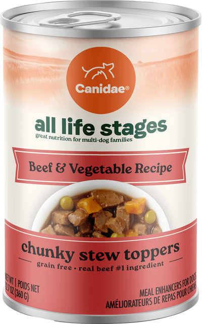 Front view of a Canidae all life stages beef & vegetable chunky stew toppers canned dog food container, 12.7 oz.