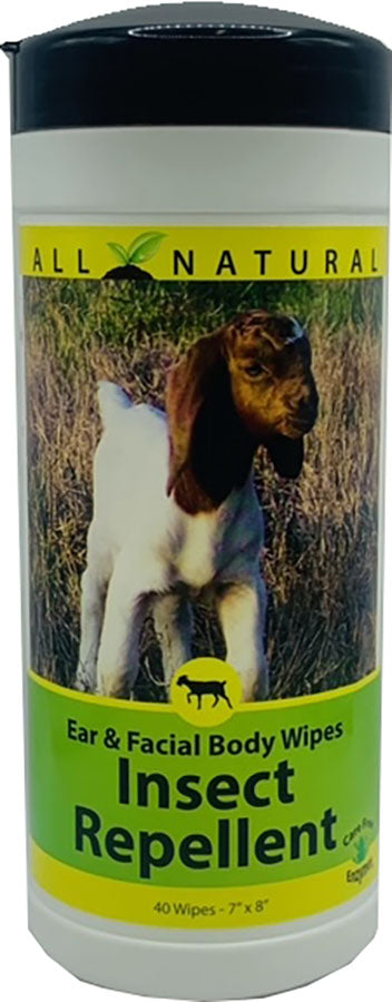 Packaged product: All Natural Ear & Facial Body Wipes Insect Repellent container with goat image.