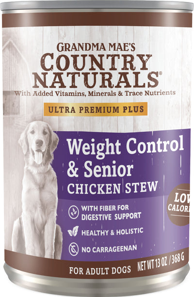 Front view of Grandma Mae's Country Naturals Ultra Premium Plus Weight Control & Senior Chicken Stew canned dog food, 13 oz, purple and brown label with dog image.
