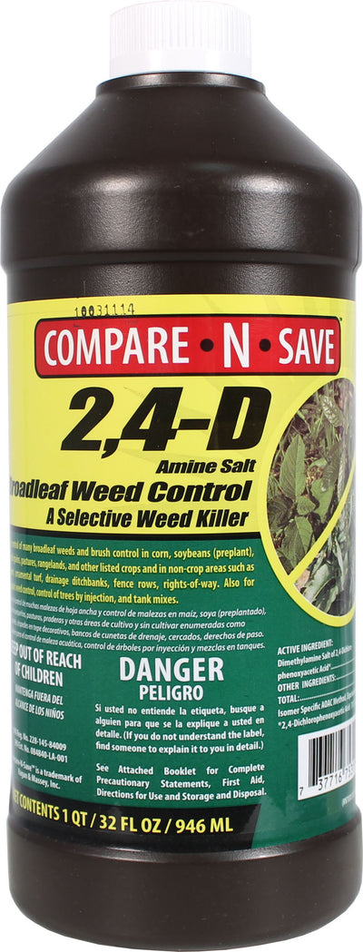 Front view of a dark brown bottle with a yellow label showing 'COMPARE N SAVE 2,4-D Amine Salt Broadleaf Weed Control' and '1 QT / 32 FL OZ / 946 ML'.