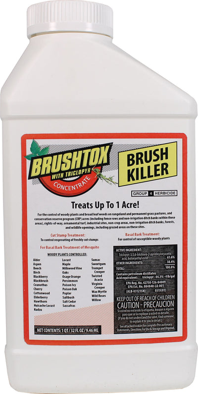 Front view of a white plastic bottle with a red and yellow label for Brushtox Brush Killer Concentrate, 32 oz.