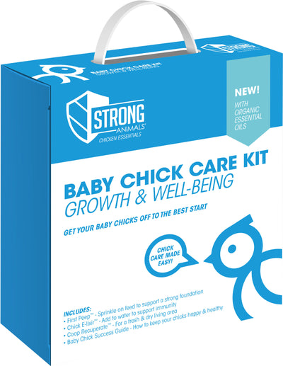 Blue packaged product showing Strong Animals Baby Chick Care Kit front view with handle