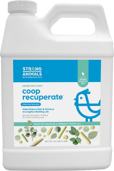 Front view of a white plastic jug labeled Strong Animals Coop Recuperate with blue and green label, 2.5 LB size