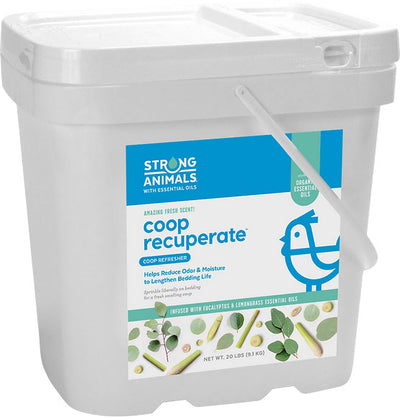 White plastic bucket with blue label for Strong Animals Coop Recuperate, 20 LB, front view packaged product