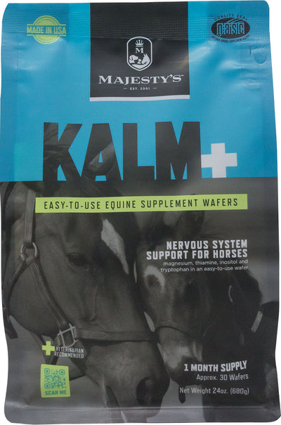Front view of Majesty'S Kalm+ equine supplement wafers package with blue and black design