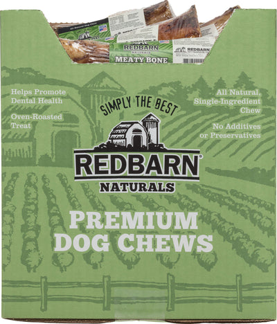 Green box of Redbarn Naturals Premium Dog Chews with visible meaty bone treats inside