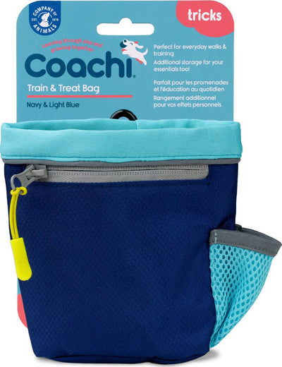 Packaged Coachi Train & Treat Bag in navy and light blue with zipper and mesh pocket.