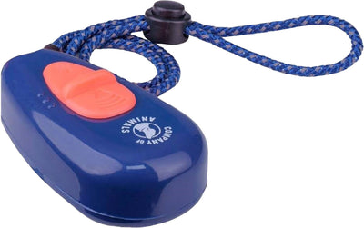 Close-up of a navy blue Coachi Multi-Clicker with an orange button and blue braided lanyard.