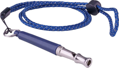 Coachi Professional Whistle in navy blue, close-up view showing blue braided lanyard and metallic whistle body.
