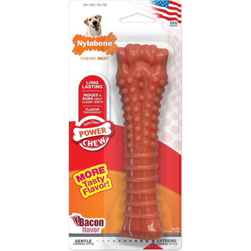 Nylabone Power Chew Textured Femur Bone Chew Toy for Dog, Indestructible Dog Toys for Aggressive Chewers Large Breed, Bacon Flavor, X-Large/Souper (1 Count)