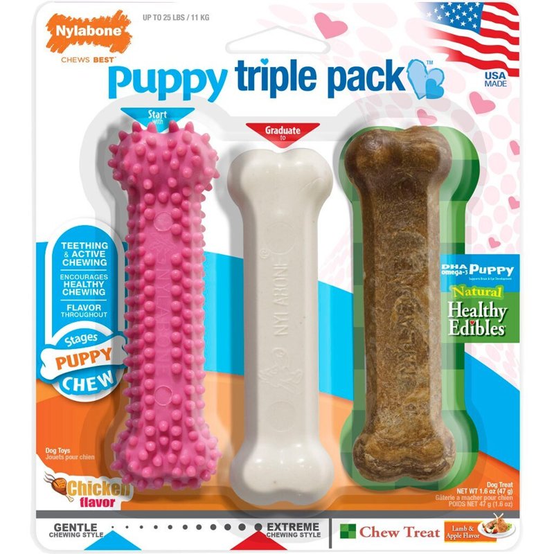 Nylabone Puppy Triple Pack - Pink Puppy Teething Toy, Nylon Dog Toy, & Chew Treat Variety Pack - Puppy Supplies - Chicken and Bacon Flavors, Small/Regular (3 Count)