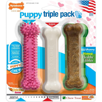 Nylabone Puppy Triple Pack - Pink Puppy Teething Toy, Nylon Dog Toy, & Chew Treat Variety Pack - Puppy Supplies - Chicken and Bacon Flavors, Small/Regular (3 Count)