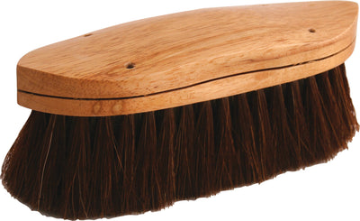 Legends Beauty horsehair finish brush with wooden handle, dual color bristles, front close-up view