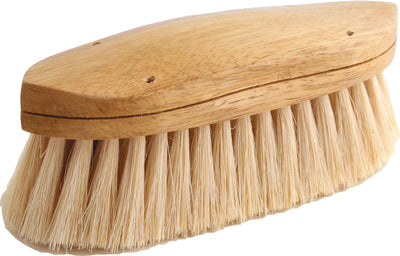 Close-up of a wooden-handled body brush with natural bristles, brand Legends White Charger Body Brush, size 8.25 IN, color white.