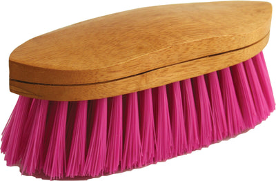 Close-up of a Legends Belmont Poly Curved Back Grooming Brush with magenta bristles and wooden handle.