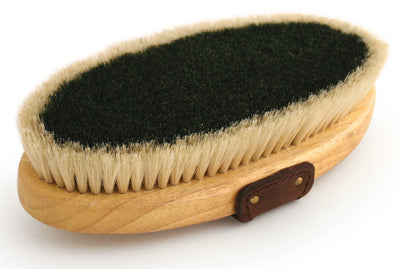 Close-up of a Legends Rugby English style brush with green and beige bristles on a wooden handle.