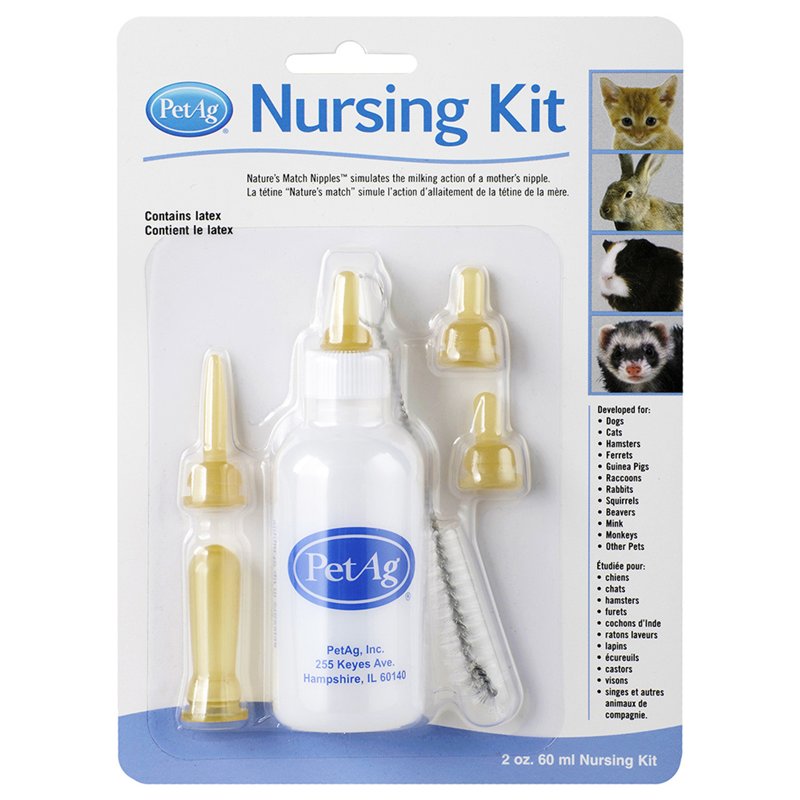 Pet-Ag Nursing Kit - 2 oz - Promotes the Natural Feeding of Liquids to Baby Animals - Each Kit Includes 2 oz. Bottle with Cap, 5 Nipples & Cleaning Brush