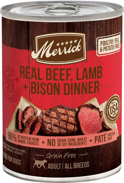 Merrick Grain-Free Real Beef, Bison + Lamb Dinner Canned Dog Food, 12.7 oz Can