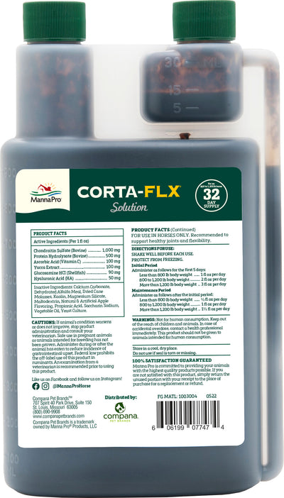 Front view of a green-capped bottle labeled Corta-Flx Solution with 32-day supply and product facts.