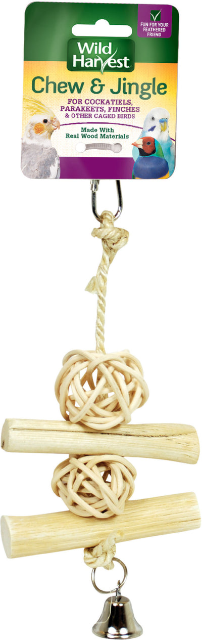 Packaged Wild Harvest Chew & Jingle bird toy with wooden rings, rope, and bell attached to a hook.