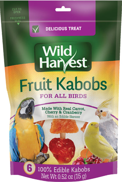 Packaged Wild Harvest Fruit Kabobs bird treat with 6 edible kabobs, showing birds and ingredients on front.