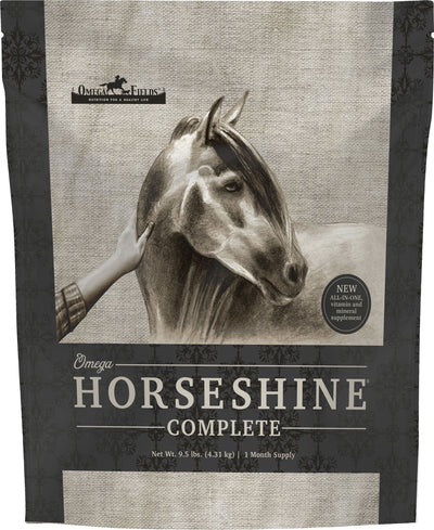 Packaged product: Omega Horseshine Complete supplement bag, 9.5 lbs, showing a horse's head with a hand touching it.