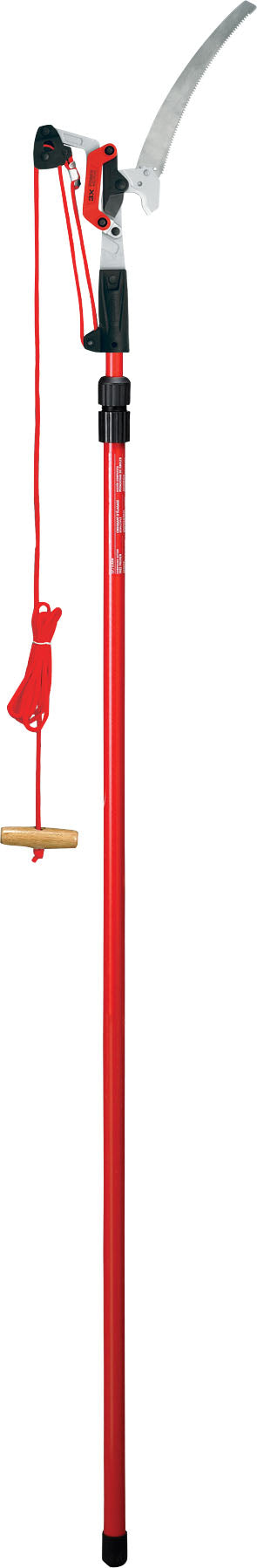 Red fiberglass handle tree saw with rope drive and curved blade, front view