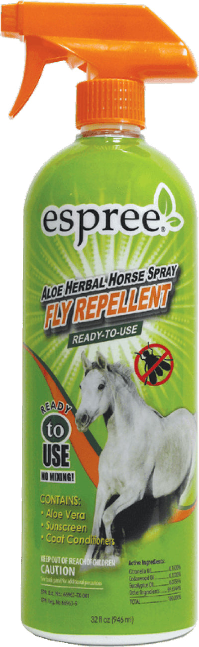 Green bottle with orange spray top labeled Espree Aloe Herbal Horse Spray Fly Repellent, 32 fl oz, front view packaged product